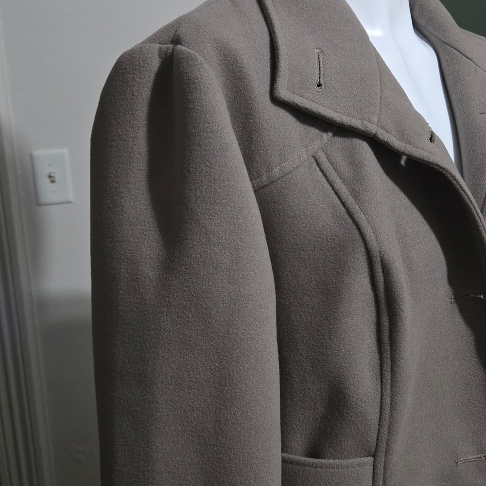 Chicos Pea Coat Taupe Brown Button Front Jacket Size 2 Large Puff Shoulder